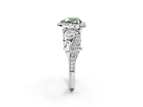 White gold Fancy Green Heart Cut Halo Diamond Ring with Milgrain and Bezel Accents on a Split Shank Band_2