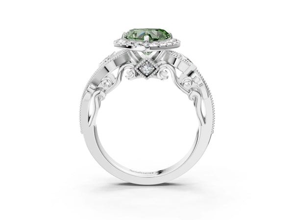 Platinum Fancy Green Heart Cut Halo Diamond Ring with Milgrain and Bezel Accents on a Split Shank Band