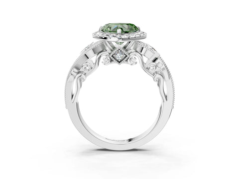 White gold Fancy Green Heart Cut Halo Diamond Ring with Milgrain and Bezel Accents on a Split Shank Band_3