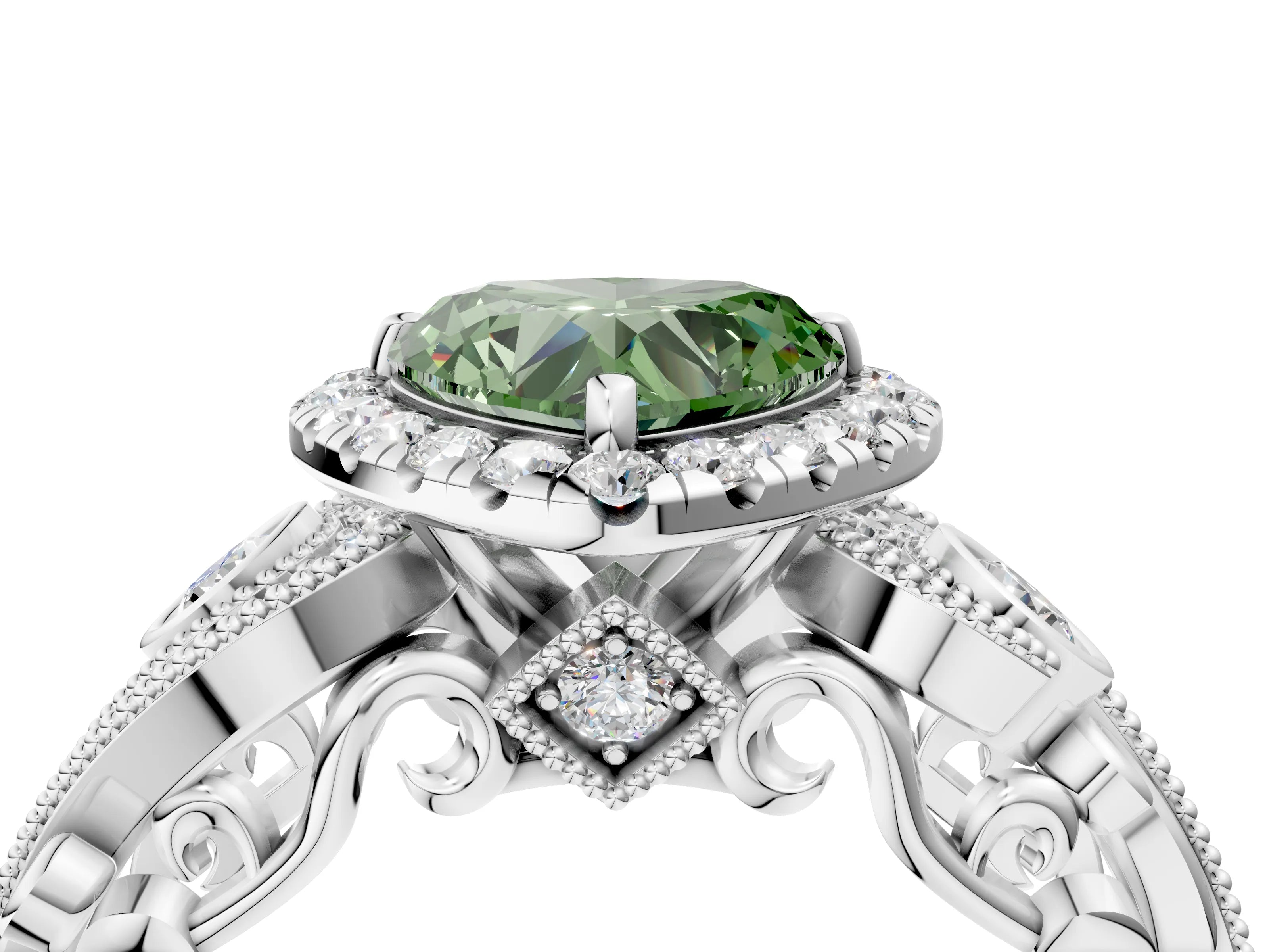 White gold Fancy Green Heart Cut Halo Diamond Ring with Milgrain and Bezel Accents on a Split Shank Band_4