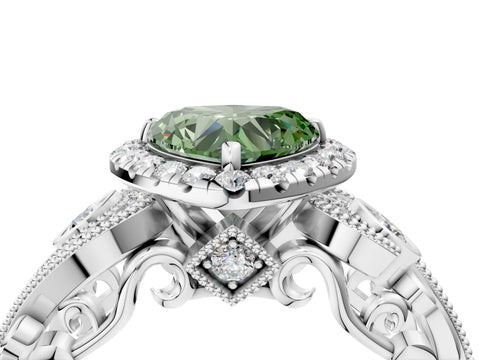White gold Fancy Green Heart Cut Halo Diamond Ring with Milgrain and Bezel Accents on a Split Shank Band_4