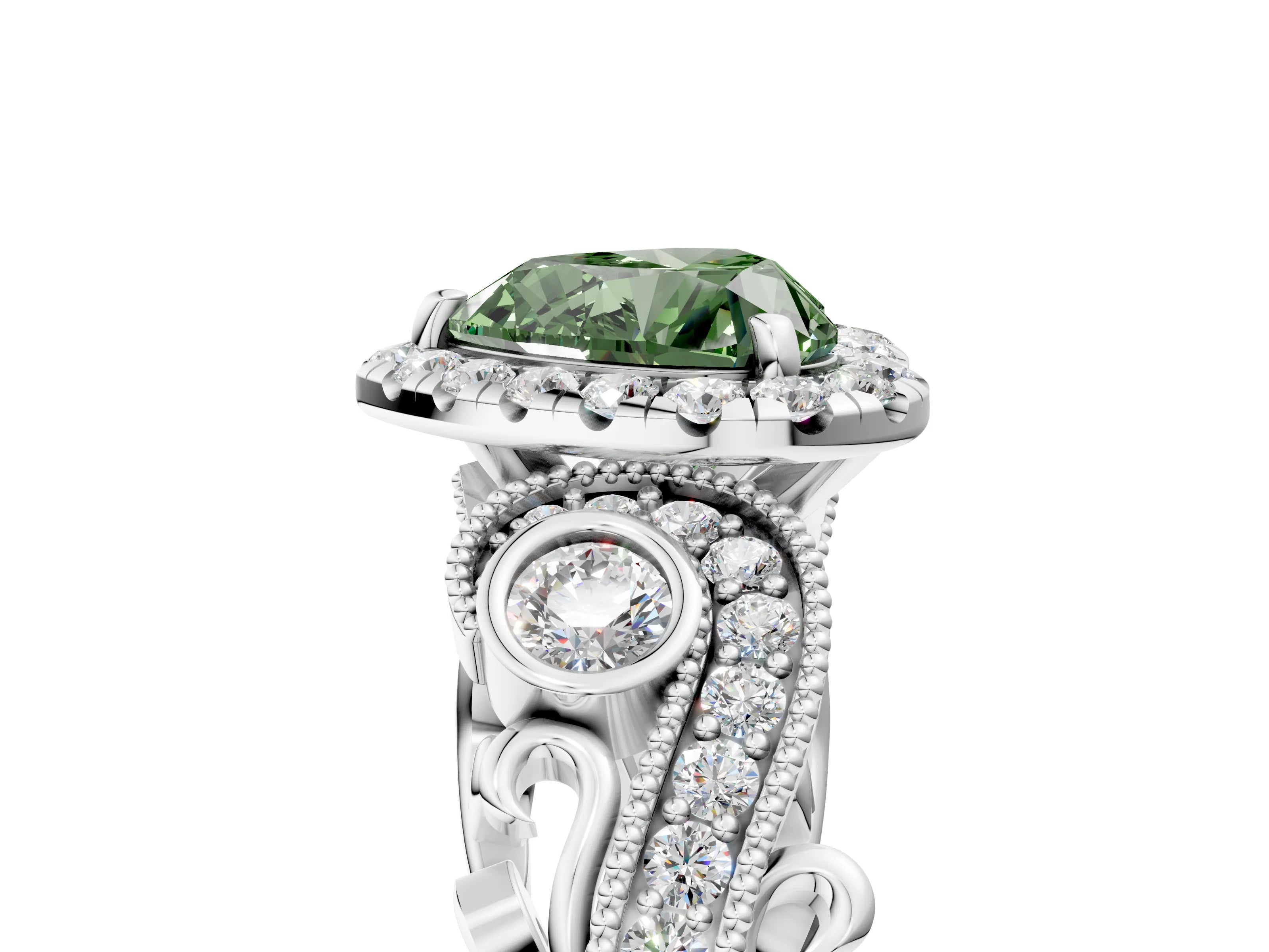 White gold Fancy Green Heart Cut Halo Diamond Ring with Milgrain and Bezel Accents on a Split Shank Band_5