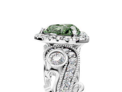 White gold Fancy Green Heart Cut Halo Diamond Ring with Milgrain and Bezel Accents on a Split Shank Band_5