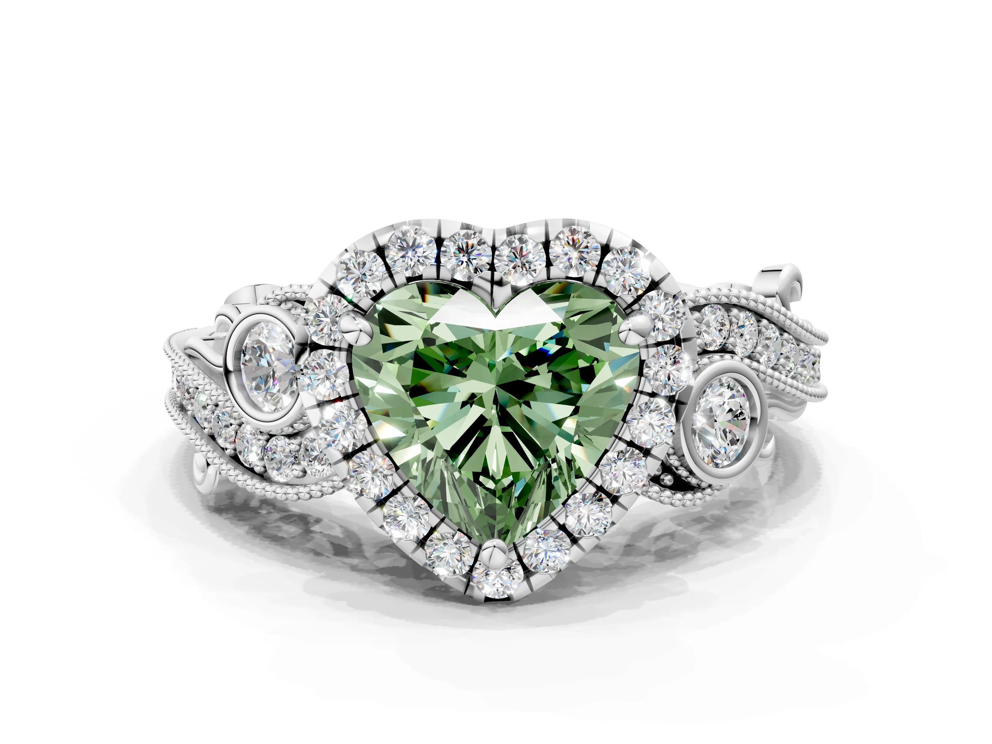 White gold Fancy Green Heart Cut Halo Diamond Ring with Milgrain and Bezel Accents on a Split Shank Band