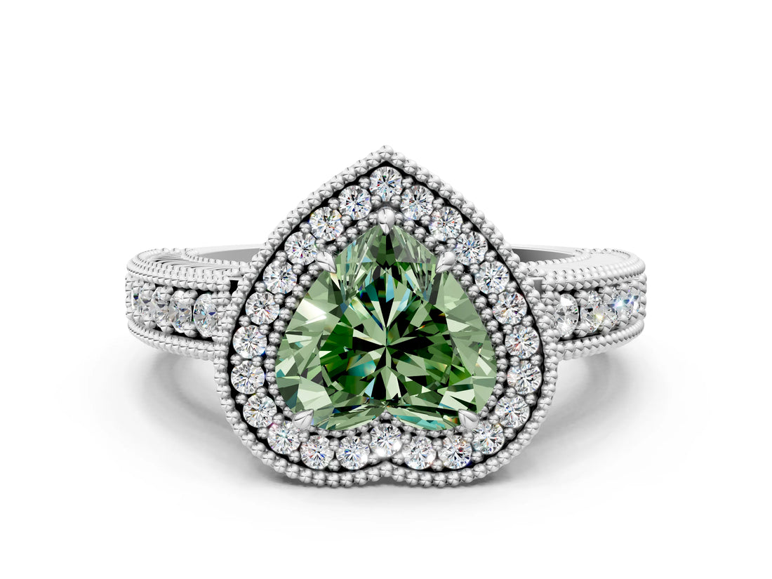 White gold Fancy Green Heart  Cut Halo Diamond Ring with Pavé Band and Four-Prong Setting_30