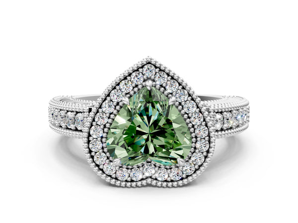 Platinum Fancy Green Heart  Cut Halo Diamond Ring with Pavé Band and Four-Prong Setting