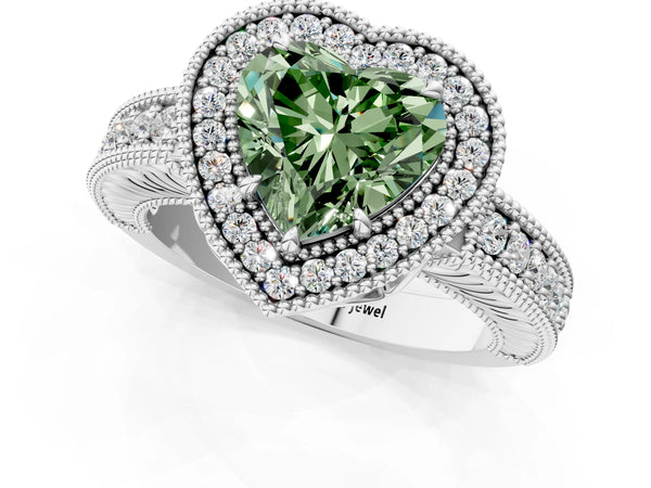 Platinum Fancy Green Heart  Cut Halo Diamond Ring with Pavé Band and Four-Prong Setting