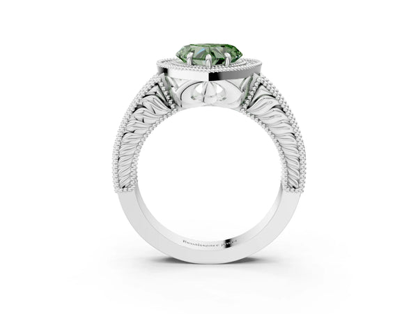 Platinum Fancy Green Heart  Cut Halo Diamond Ring with Pavé Band and Four-Prong Setting