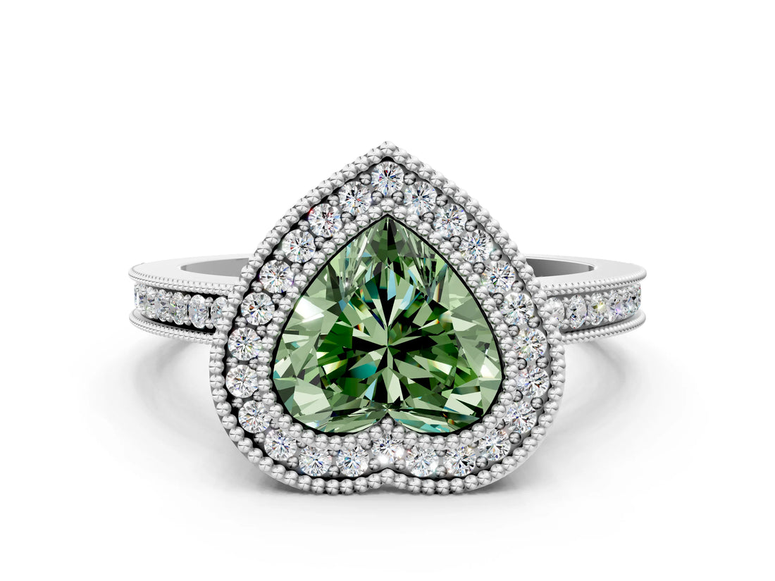 White gold Fancy Green Heart  Cut Halo Diamond Ring with Pavé Band and Milgrain Prong Setting_32