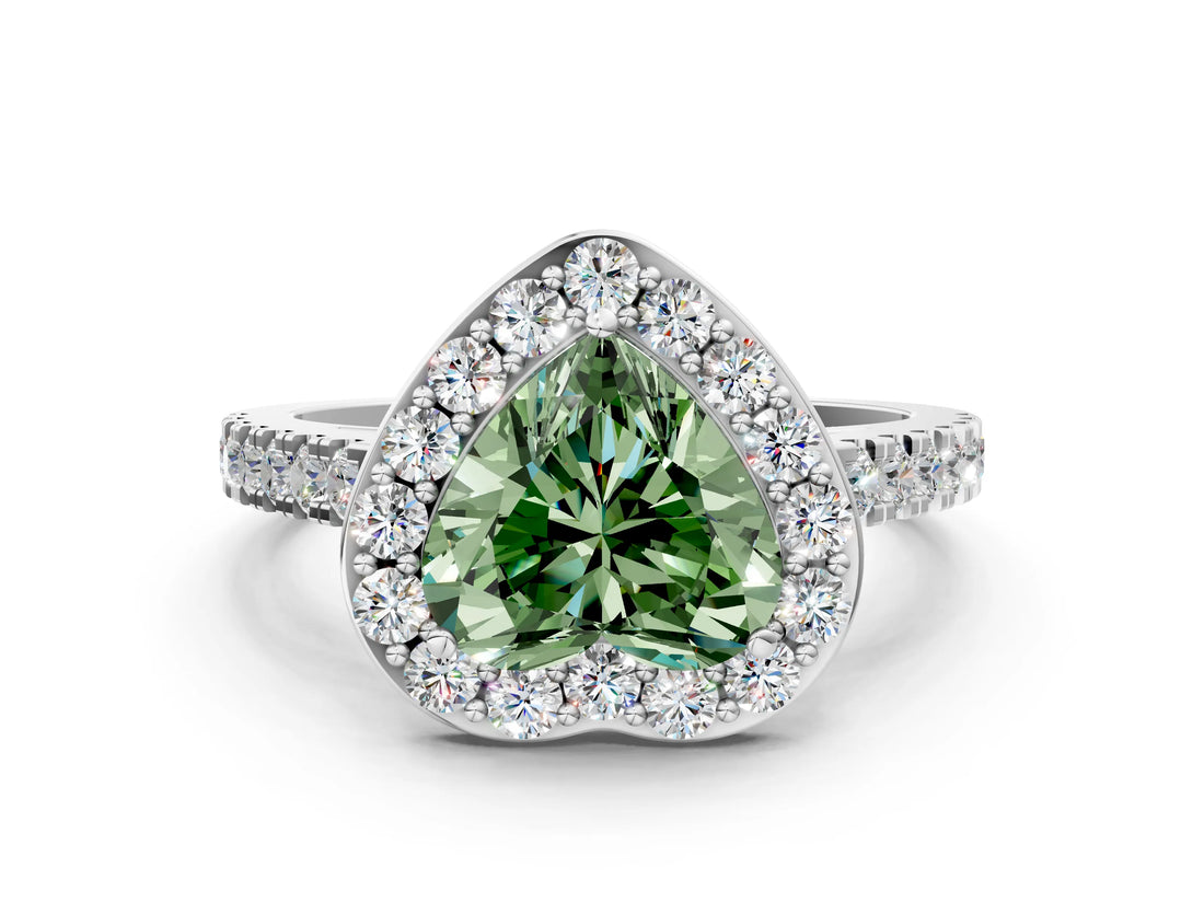 White gold Fancy Green Heart Cut Halo Diamond Ring with Pavé Band and Three-Prong Setting_12