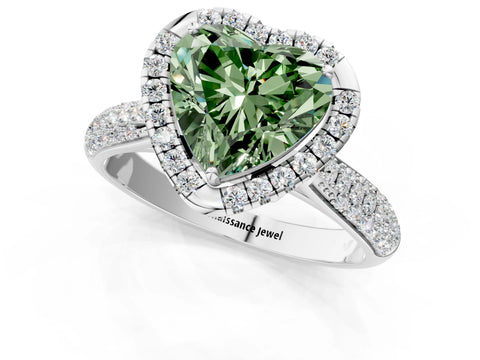 White gold Fancy Green Heart Cut Halo Diamond Ring with Pavé Band_1