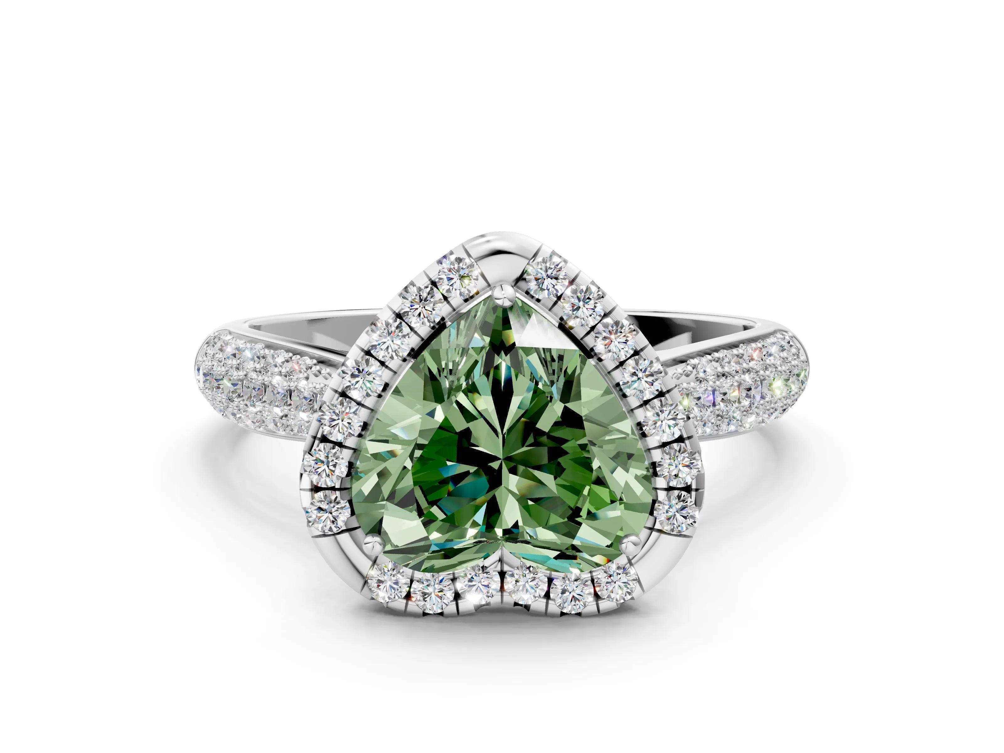 White gold Fancy Green Heart Cut Halo Diamond Ring with Pavé Band_24