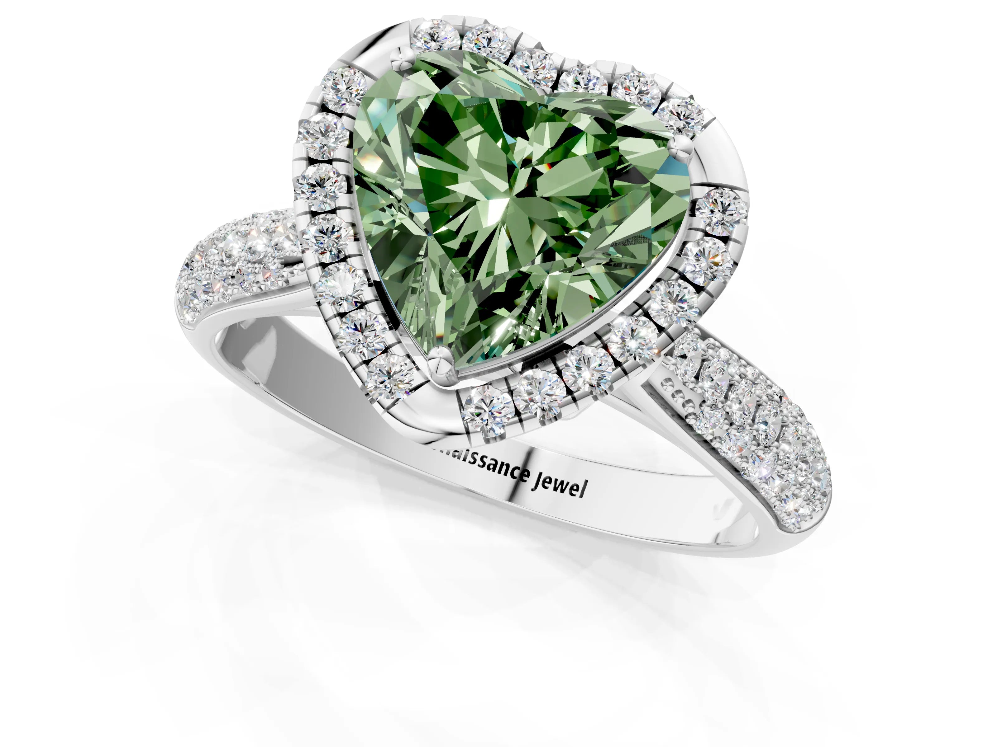 White gold Fancy Green Heart Cut Halo Diamond Ring with Pavé Band_25