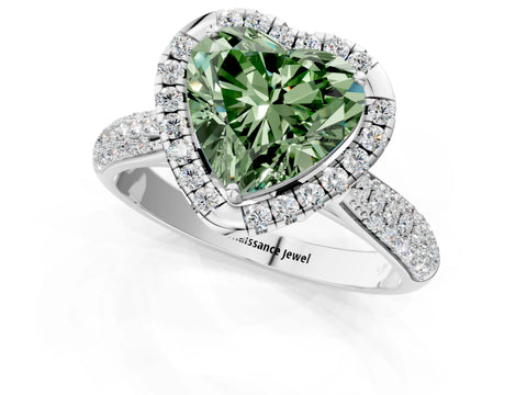 White gold Fancy Green Heart Cut Halo Diamond Ring with Pavé Band_25