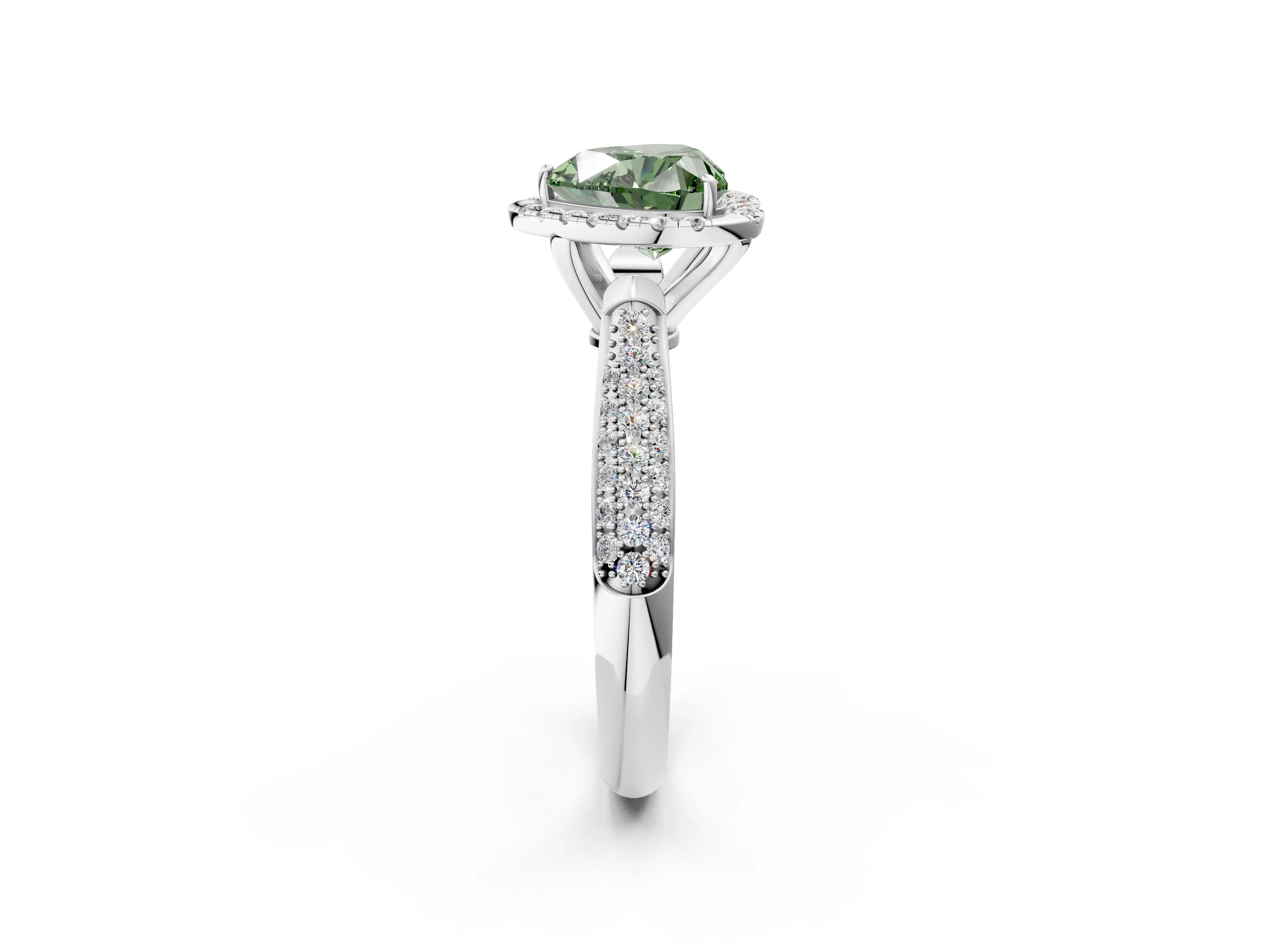 White gold Fancy Green Heart Cut Halo Diamond Ring with Pavé Band_26