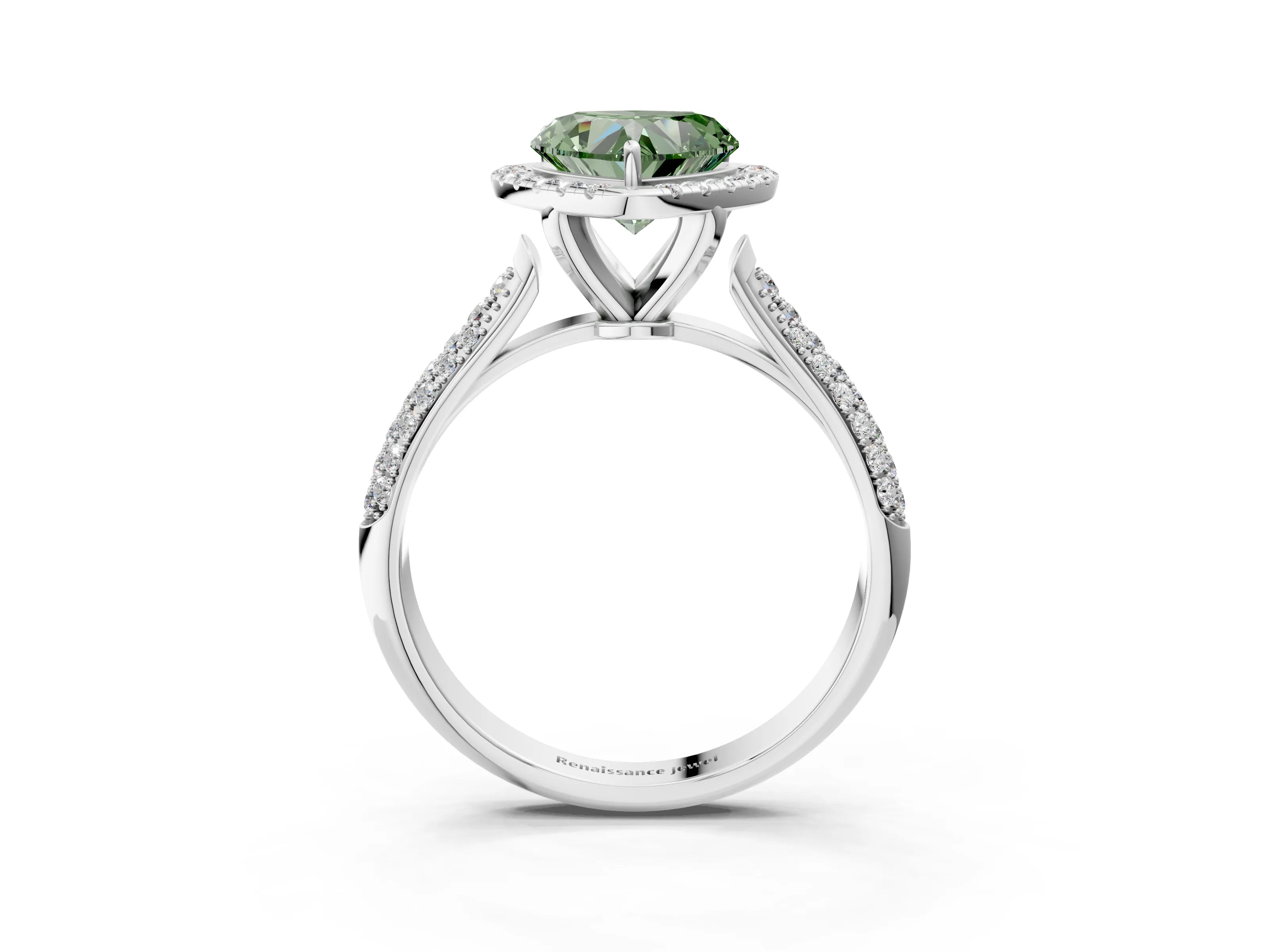 White gold Fancy Green Heart Cut Halo Diamond Ring with Pavé Band_27