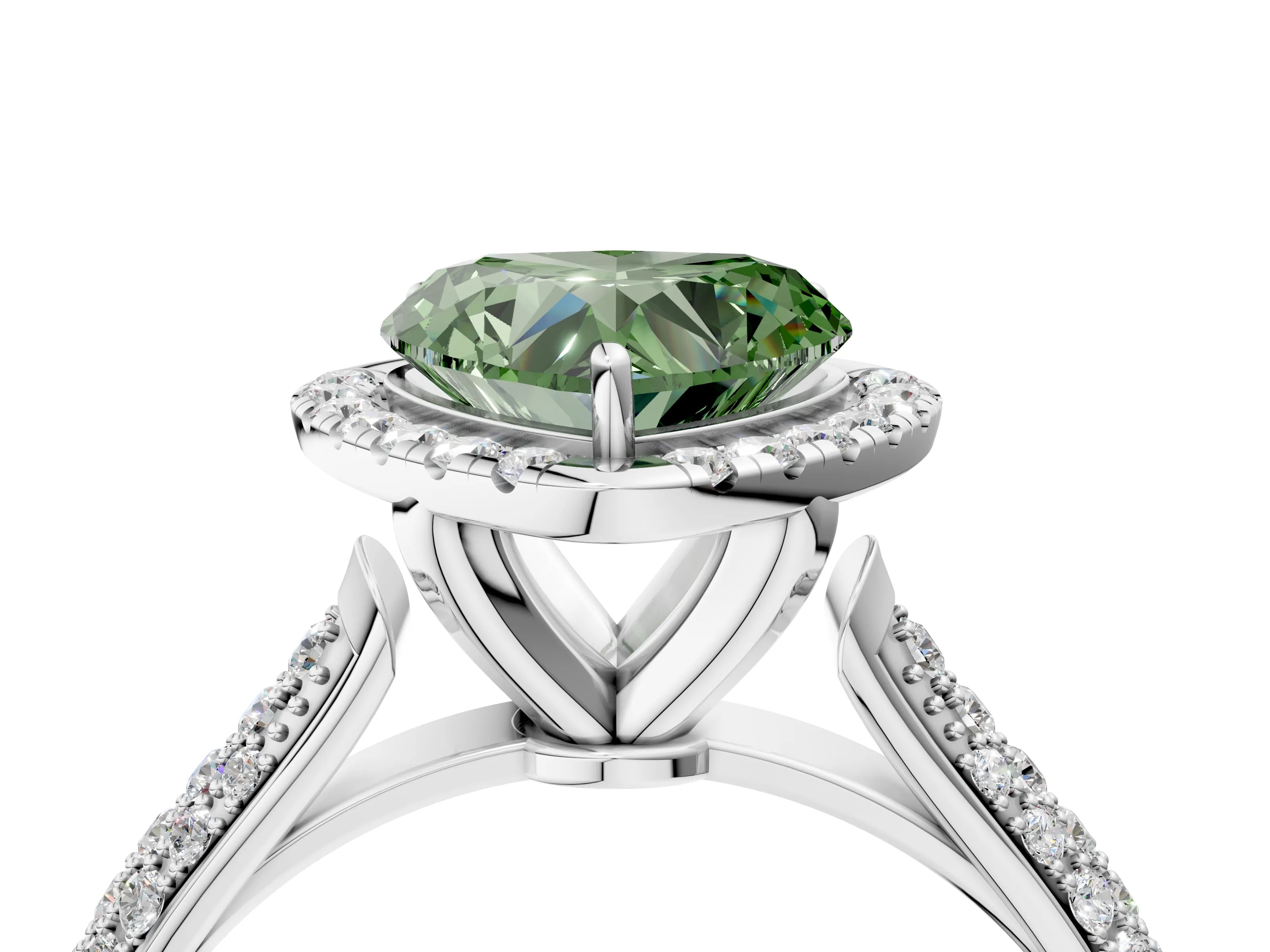 White gold Fancy Green Heart Cut Halo Diamond Ring with Pavé Band_28