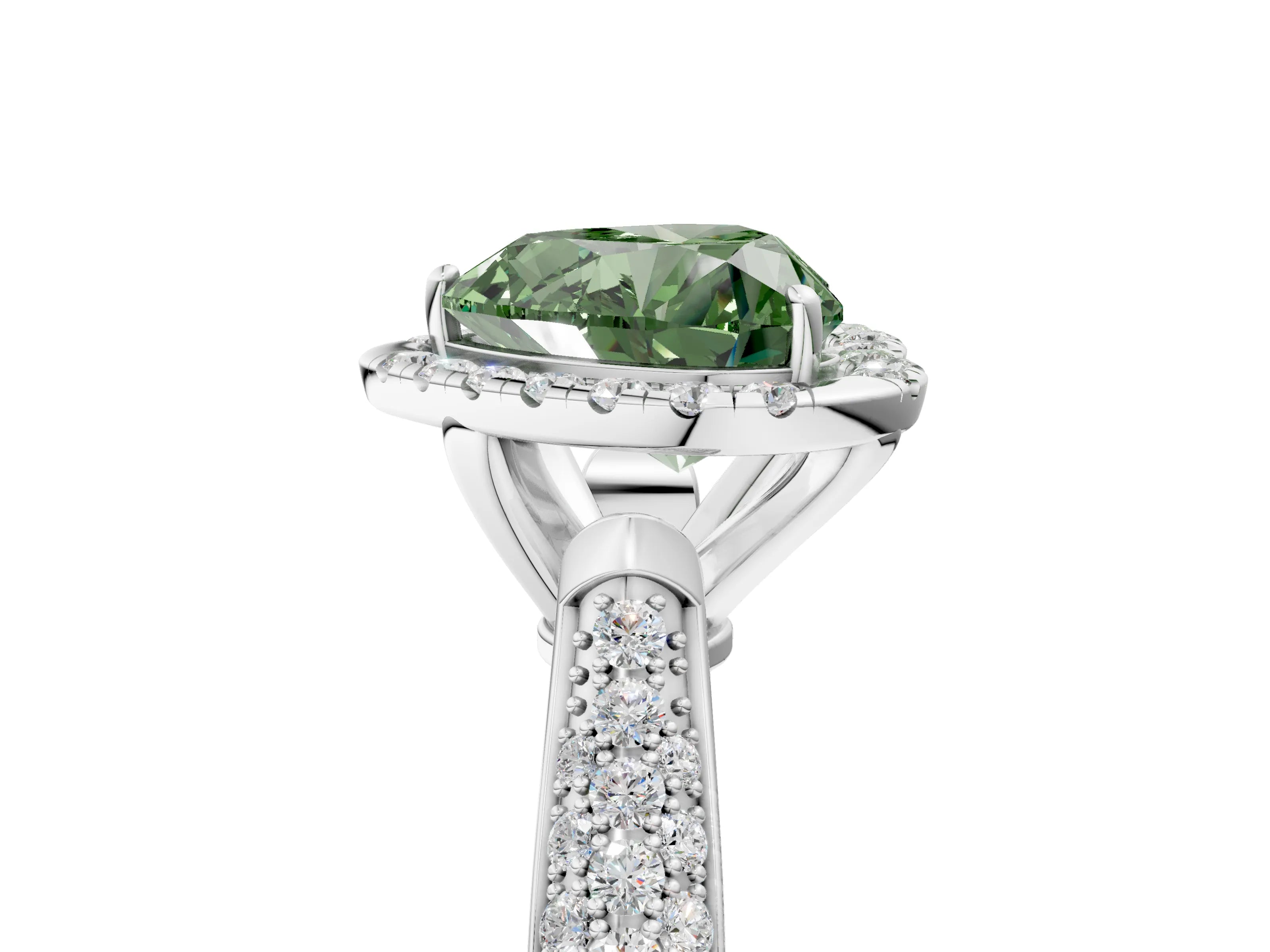 White gold Fancy Green Heart Cut Halo Diamond Ring with Pavé Band_29