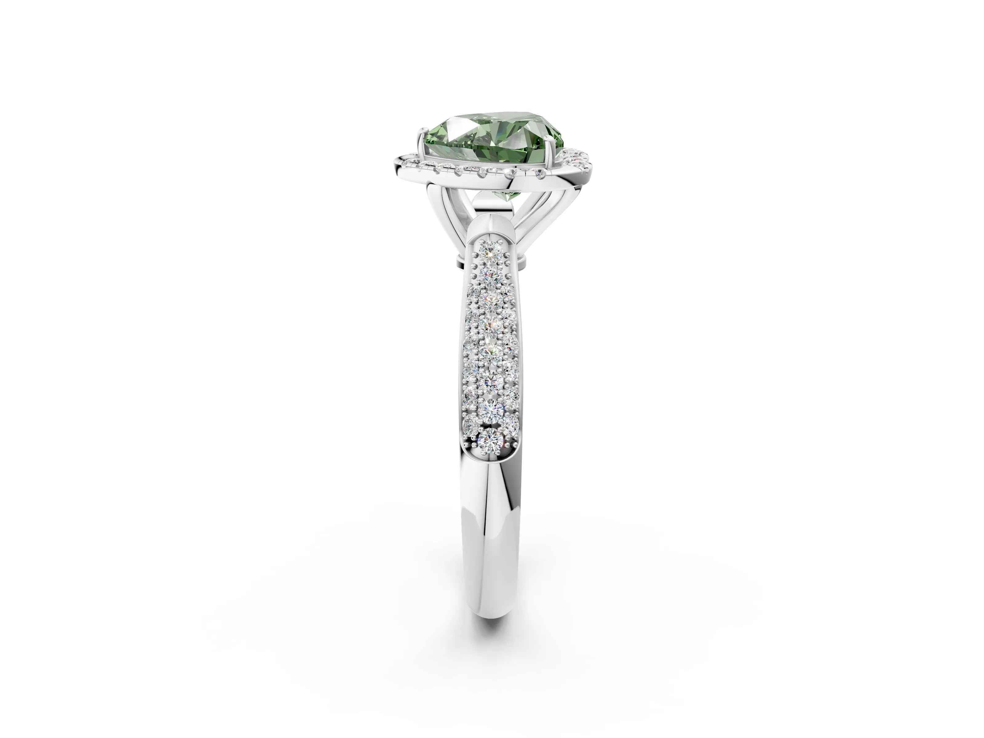 White gold Fancy Green Heart Cut Halo Diamond Ring with Pavé Band_2