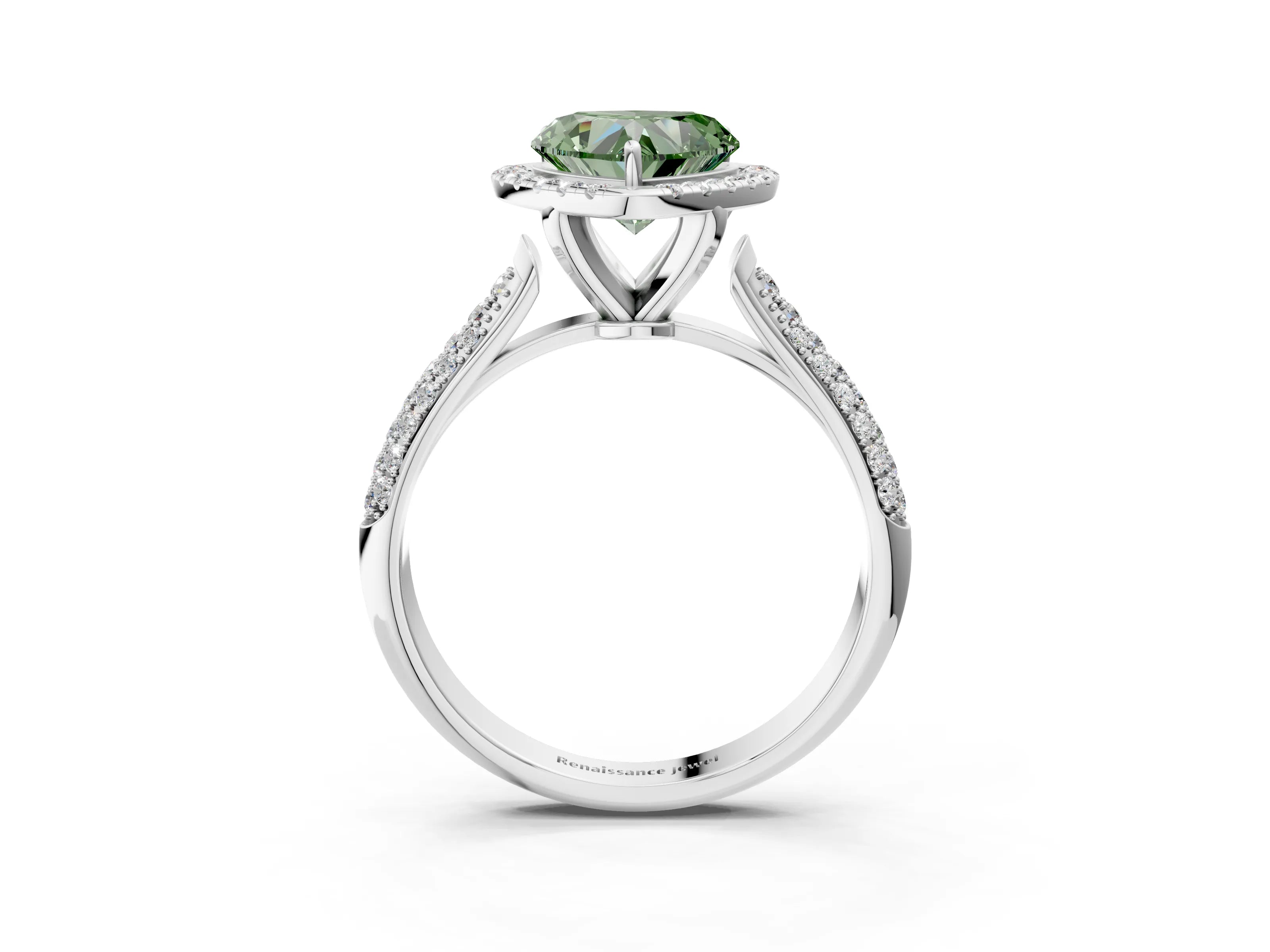White gold Fancy Green Heart Cut Halo Diamond Ring with Pavé Band_3