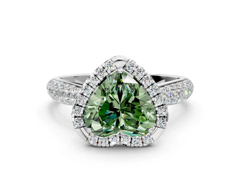 White gold Fancy Green Heart Cut Halo Diamond Ring with Pavé Band