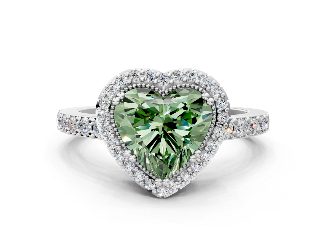 White gold Fancy Green Heart  Cut Halo Diamond Ring with Pave Band and Four-Prong Setting