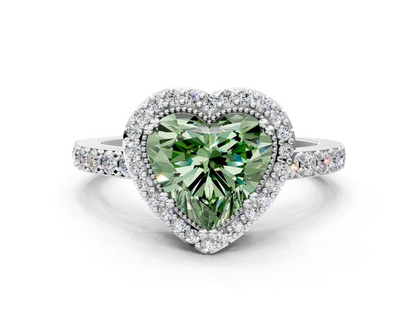 White gold Fancy Green Heart  Cut Diamond Halo Engagement Ring with Milgrain Detail and Pavé Band
