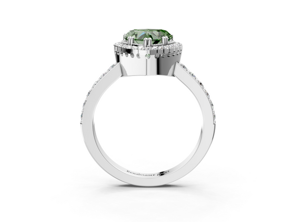 White gold Fancy Green Heart  Cut Diamond Halo Engagement Ring with Milgrain Detail and Pavé Band