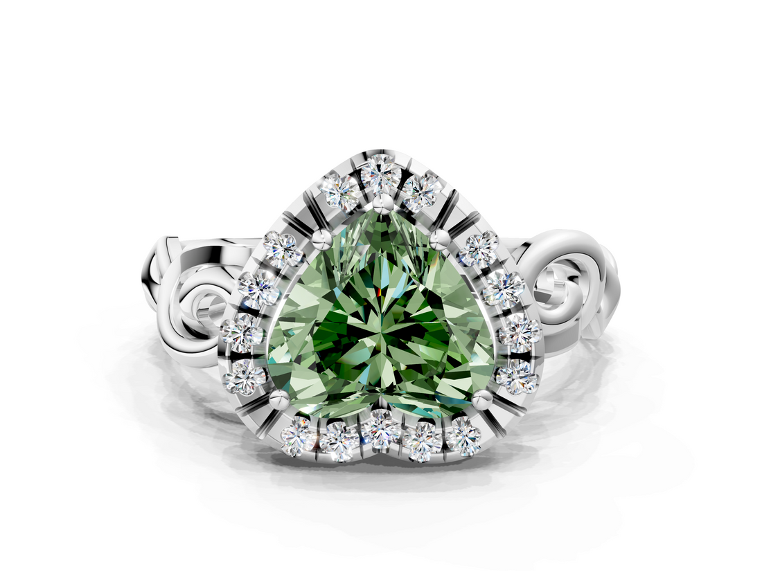 White gold Fancy Green Heart  Cut Halo Diamond Ring with Scrollwork Band and Four-Prong Setting