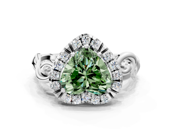 Platinum Fancy Green Heart  Cut Halo Diamond Ring with Scrollwork Band and Four-Prong Setting