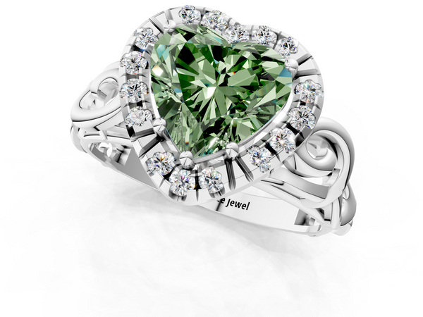 Platinum Fancy Green Heart  Cut Halo Diamond Ring with Scrollwork Band and Four-Prong Setting