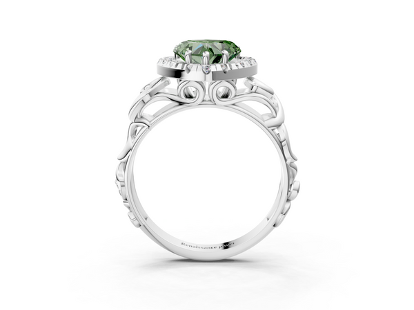 Platinum Fancy Green Heart  Cut Halo Diamond Ring with Scrollwork Band and Four-Prong Setting