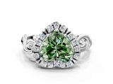 White gold Fancy Green Heart  Cut Halo Diamond Ring with Scrollwork Band and Four-Prong Setting