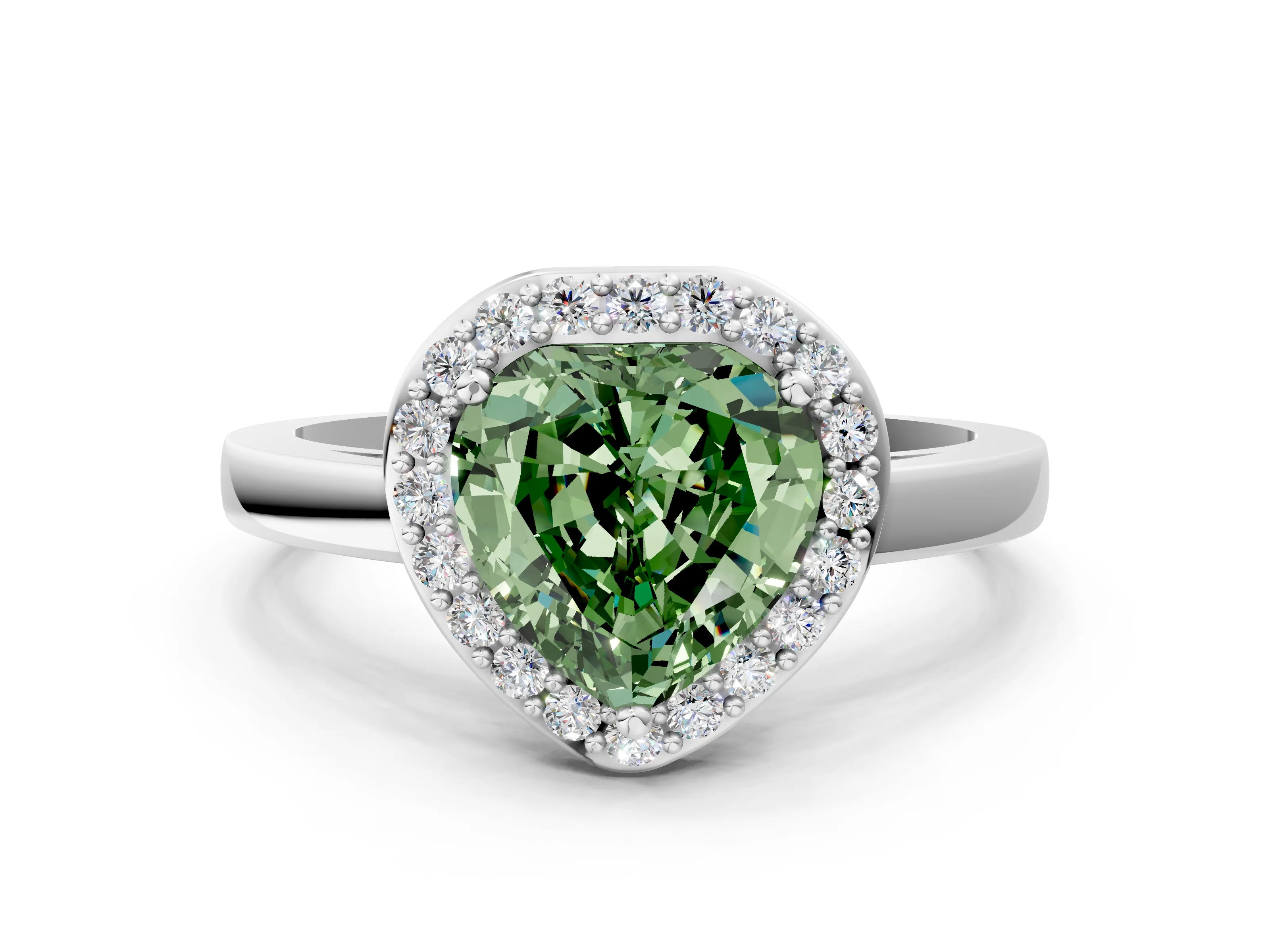 White gold Fancy Green Heart Cut Halo Diamond Ring with Solitaire Band and Prong Setting