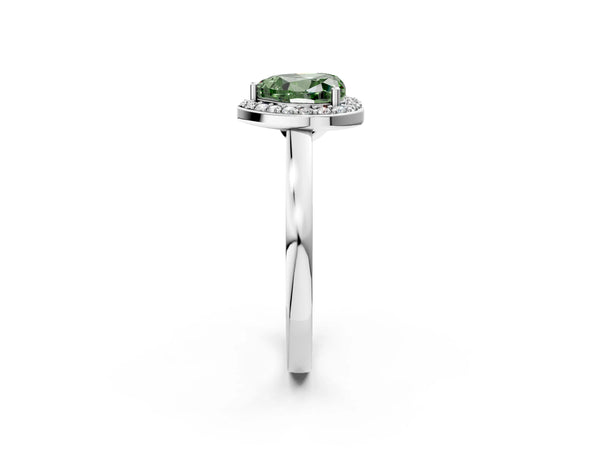 White gold Fancy Green Heart Cut Halo Diamond Ring with Solitaire Band and Prong Setting