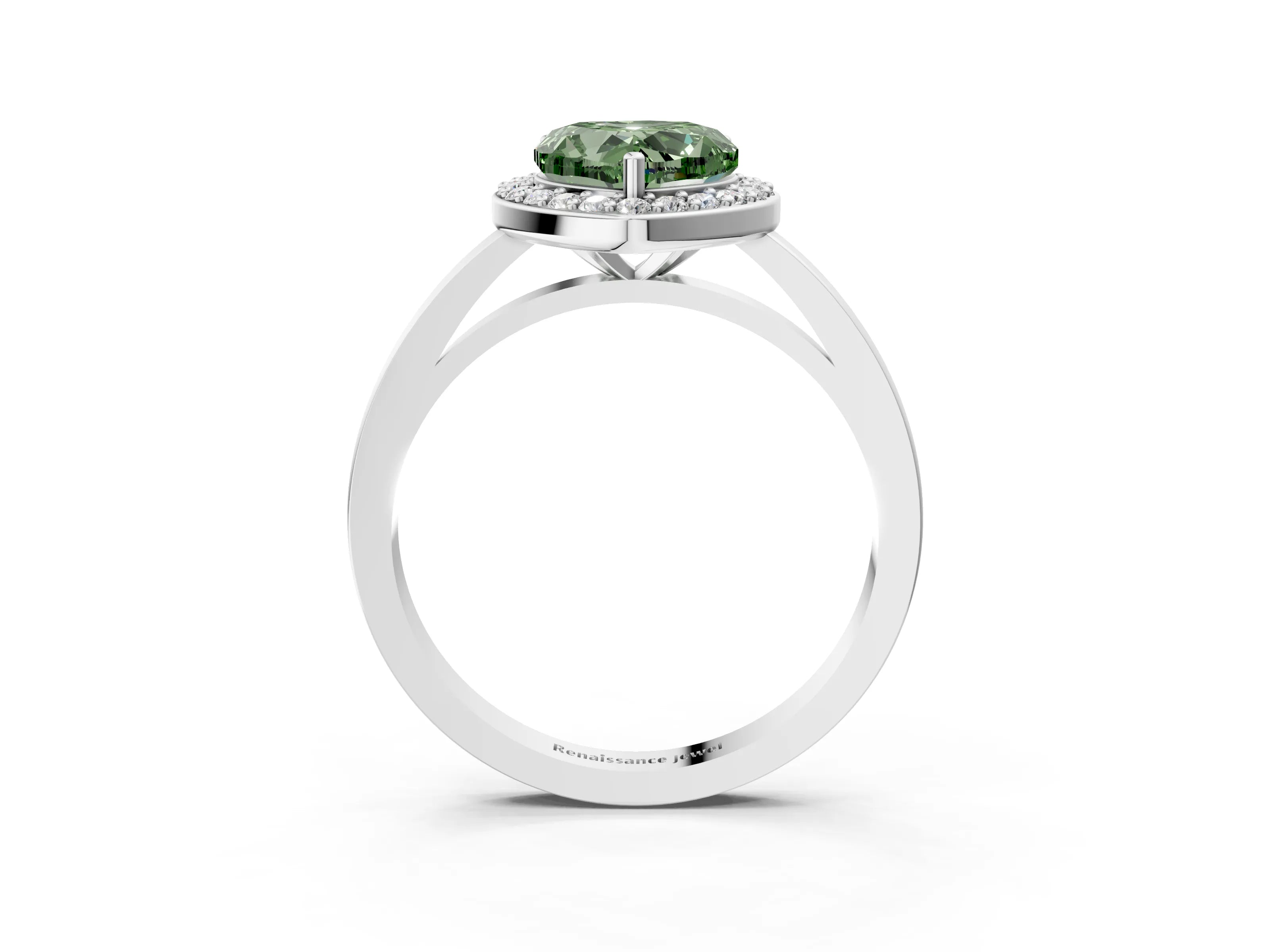 White gold Fancy Green Heart Cut Halo Diamond Ring with Solitaire Band and Prong Setting_3