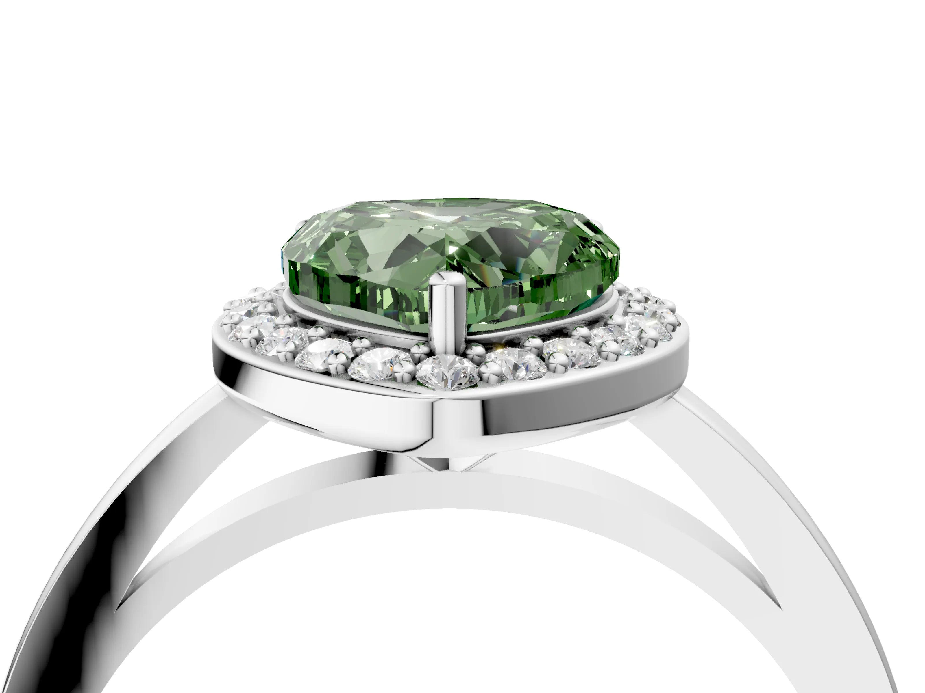 White gold Fancy Green Heart Cut Halo Diamond Ring with Solitaire Band and Prong Setting_4