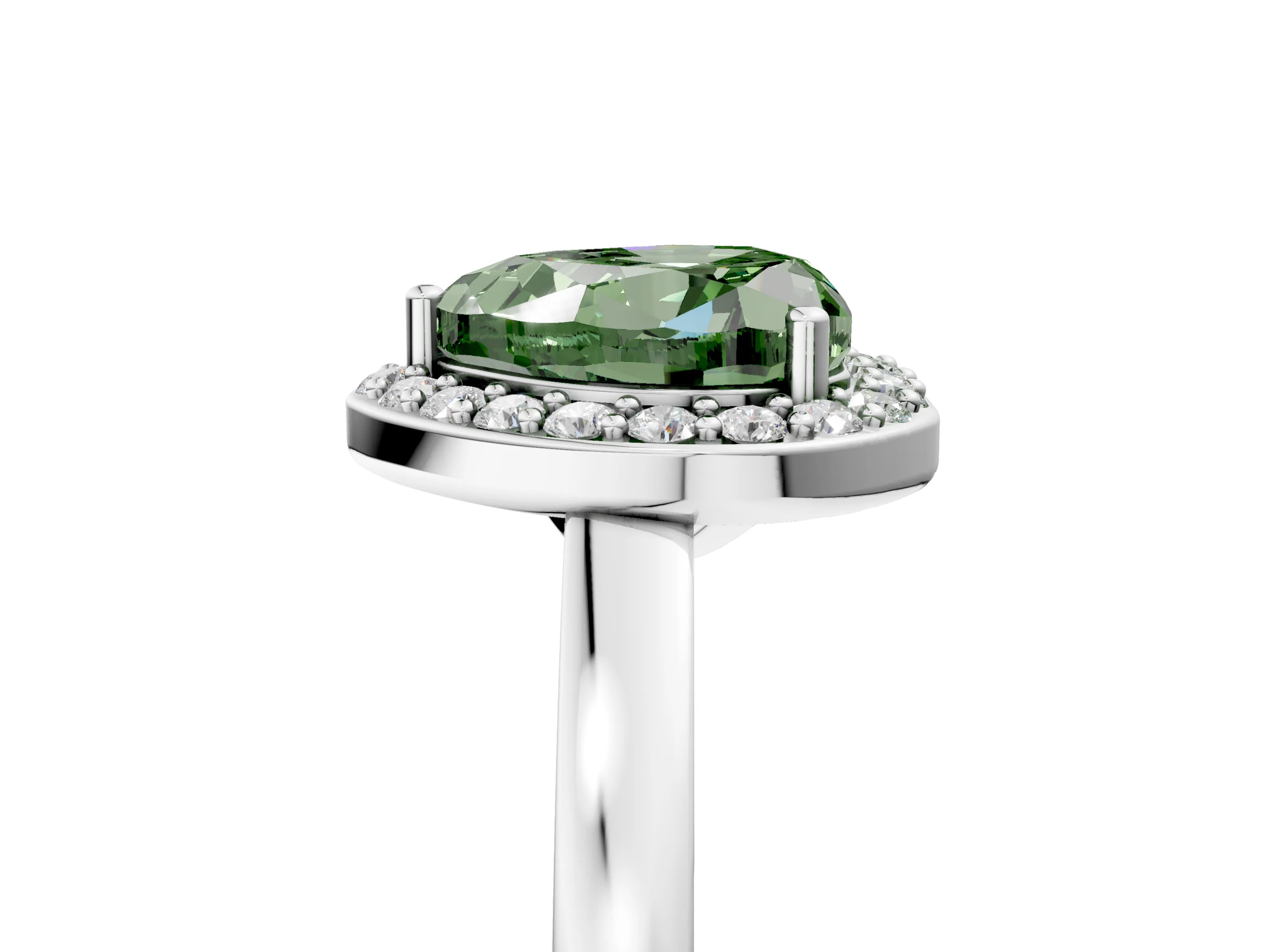 White gold Fancy Green Heart Cut Halo Diamond Ring with Solitaire Band and Prong Setting_5