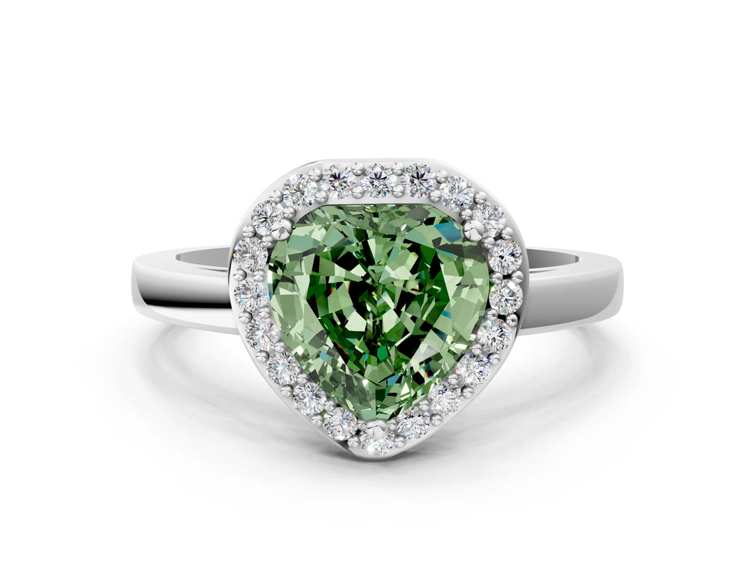 White gold Fancy Green Heart Cut Halo Diamond Ring with Solitaire Band and Prong Setting