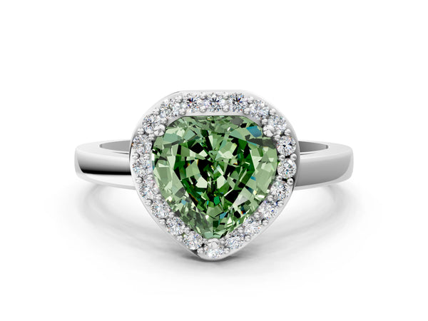 White gold Fancy Green Heart Cut Halo Diamond Ring with Solitaire Band and Prong Setting