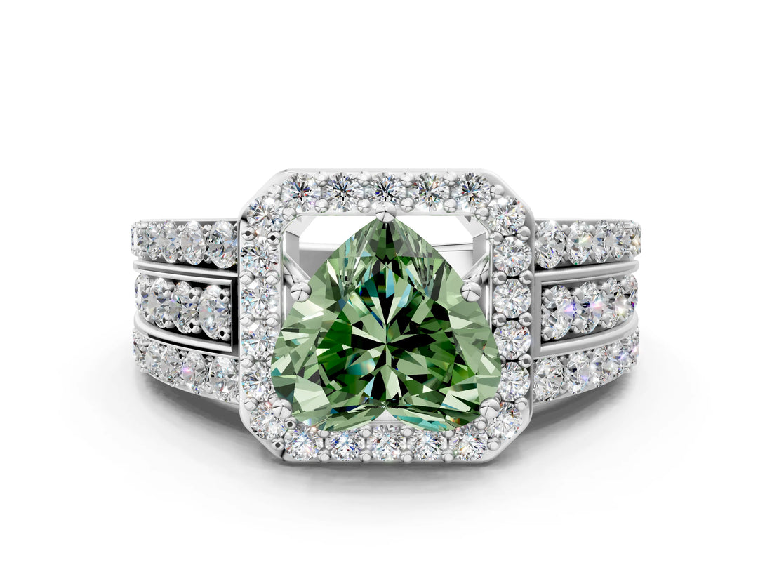 White gold Fancy Green Heart Cut Halo Diamond Ring with Split Shank and Four-Prong Setting_34
