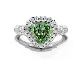 White gold Fancy Green Heart Cut Halo Diamond Solitaire with Filigree Band and Four-Prong Setting
