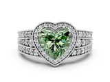 White gold Fancy Green Heart Cut Halo Diamond Split Shank Ring with Prong Setting