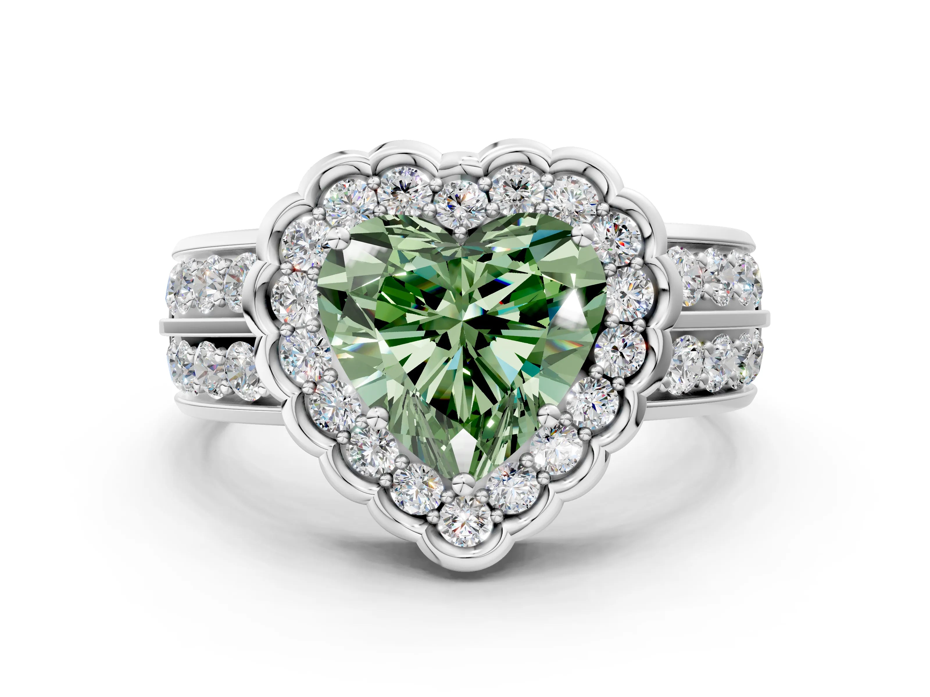 White gold Fancy Green Heart Cut Halo Diamond Split Shank Ring with Scalloped Prong Setting_12