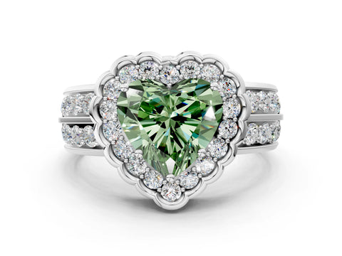 White gold Fancy Green Heart Cut Halo Diamond Split Shank Ring with Scalloped Prong Setting_12