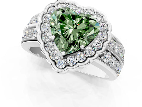White gold Fancy Green Heart Cut Halo Diamond Split Shank Ring with Scalloped Prong Setting_13