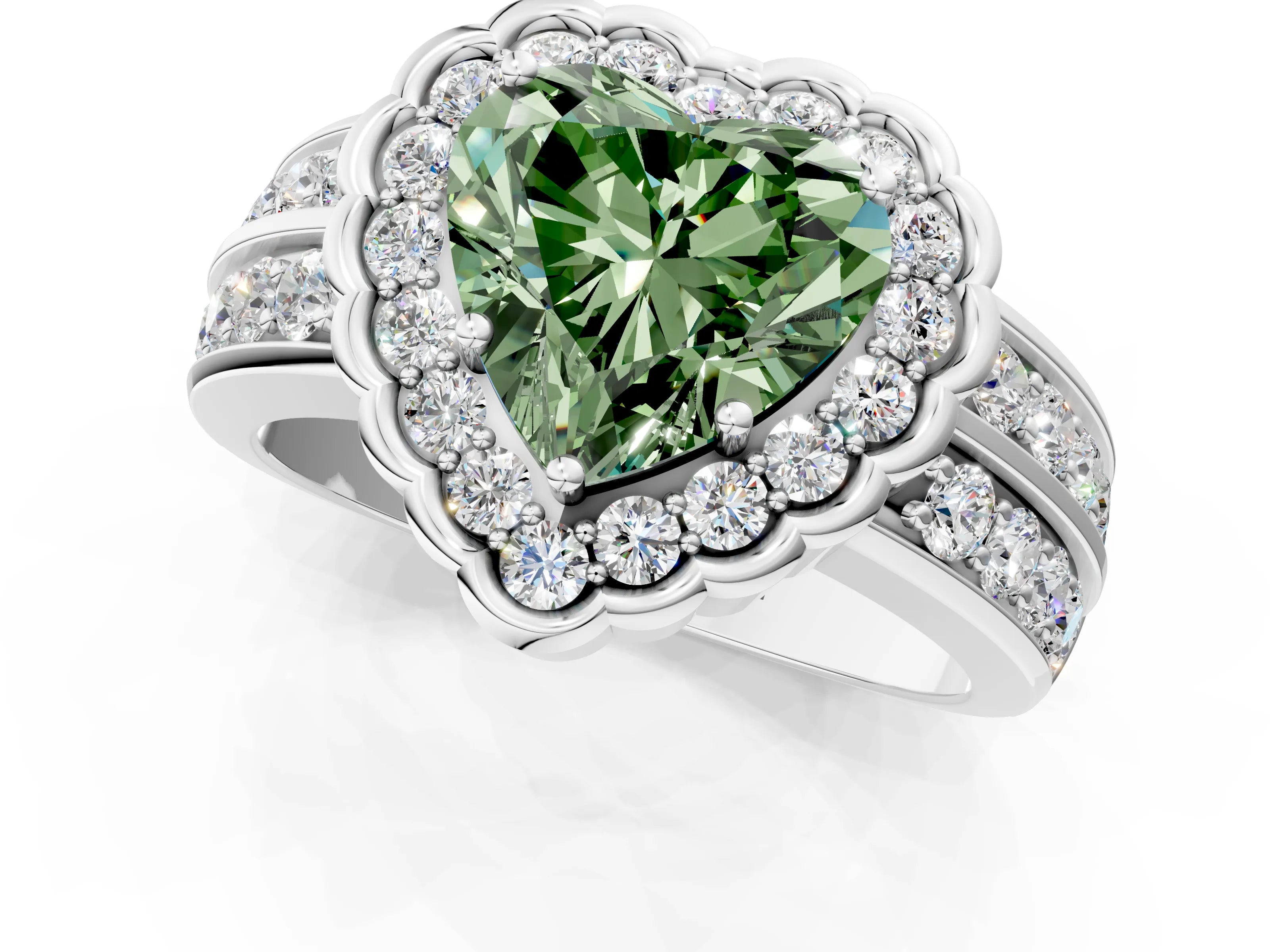 White gold Fancy Green Heart Cut Halo Diamond Split Shank Ring with Scalloped Prong Setting_13