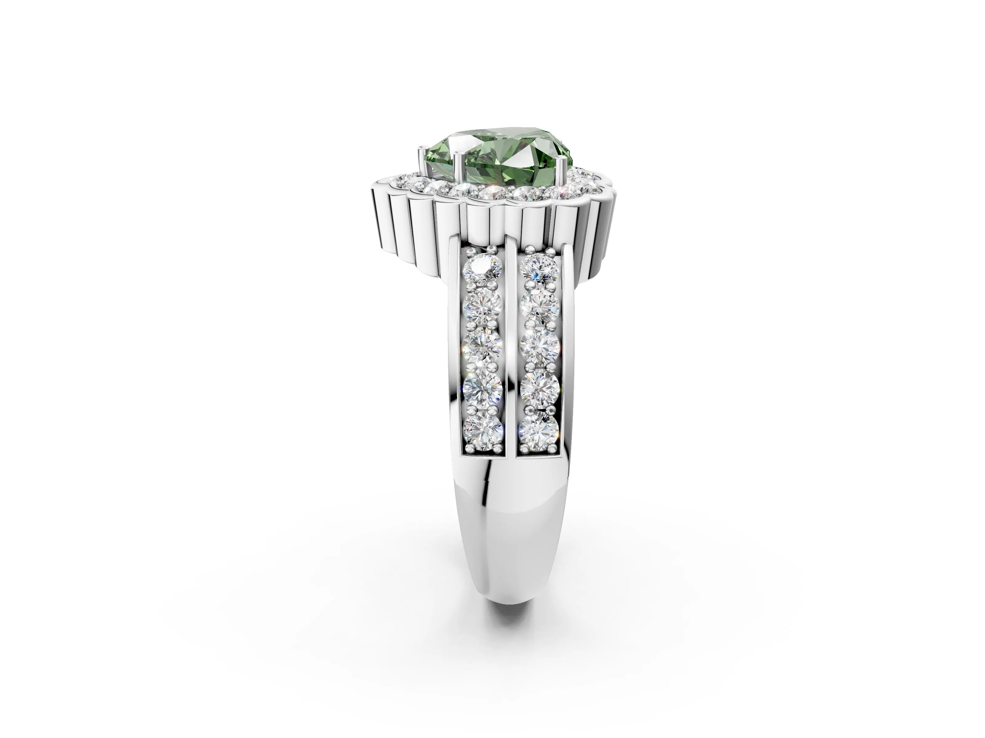 White gold Fancy Green Heart Cut Halo Diamond Split Shank Ring with Scalloped Prong Setting_14