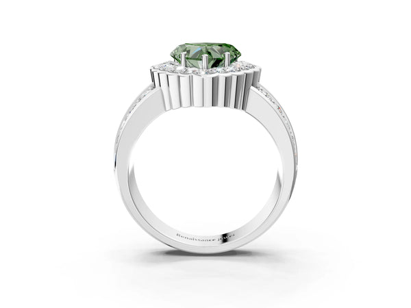 Platinum Fancy Green Heart Cut Halo Diamond Split Shank Ring with Scalloped Prong Setting