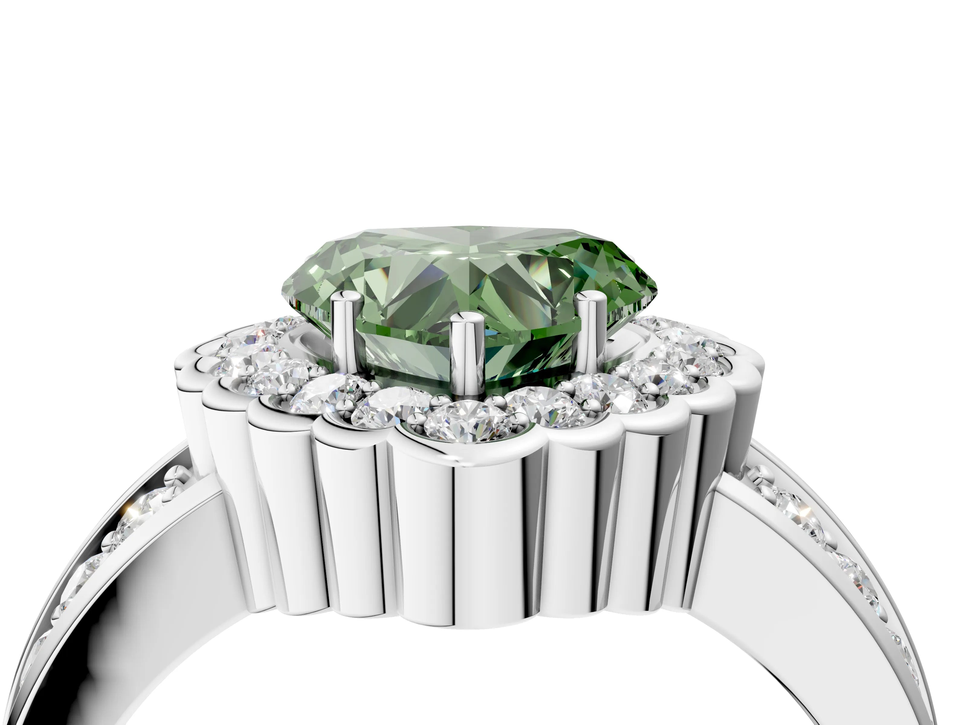 White gold Fancy Green Heart Cut Halo Diamond Split Shank Ring with Scalloped Prong Setting_16